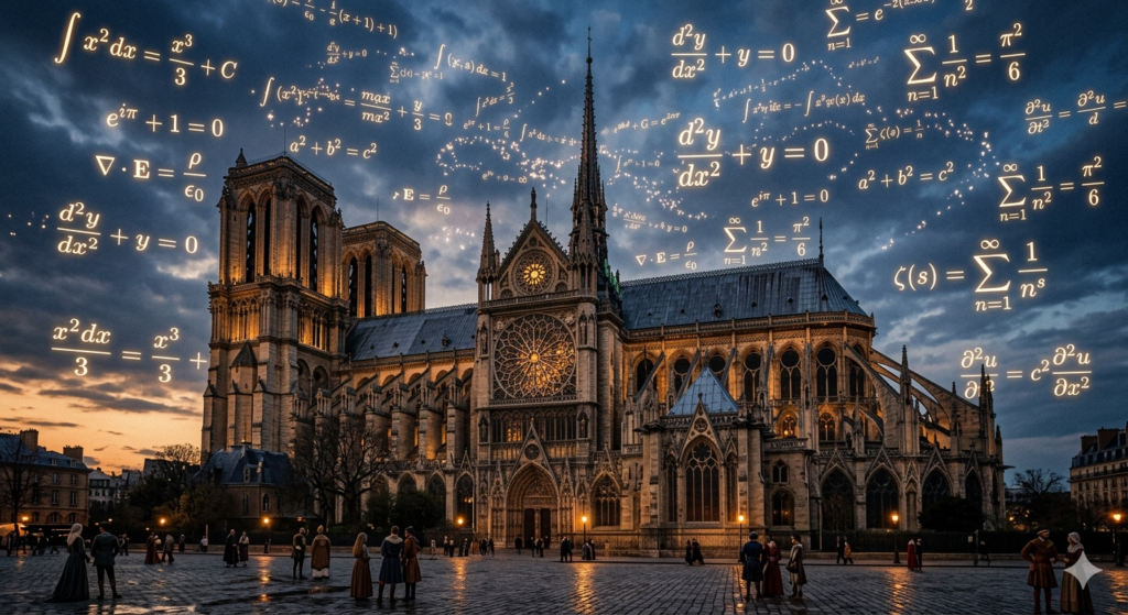 Catedral gótica representando la arquitectura matemática del universo con fórmulas y redes neuronales simbolizando la conciencia y la inteligencia artificial