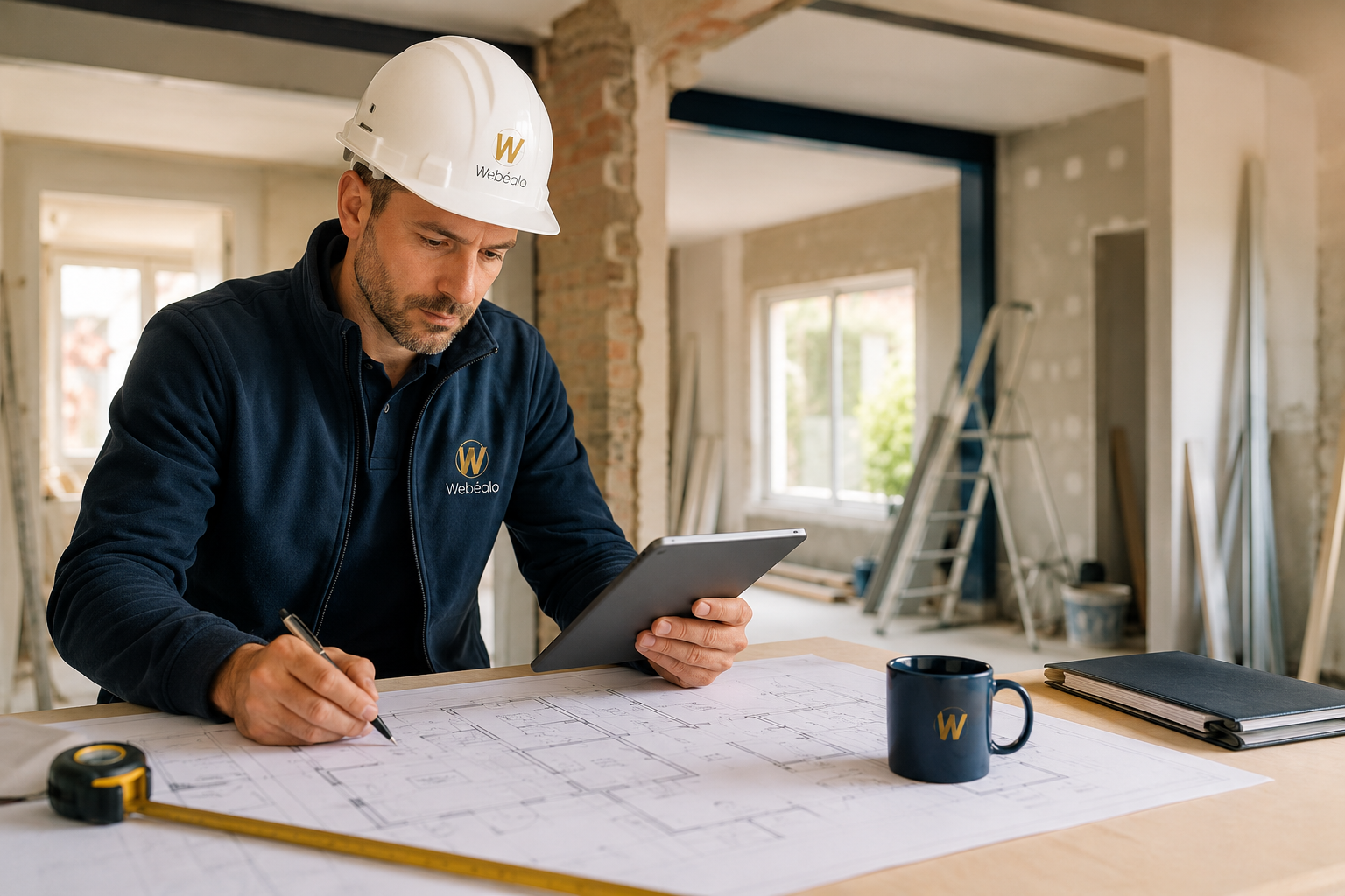 Responsable d’une entreprise du bâtiment préparant un projet de rénovation avec plans et tablette