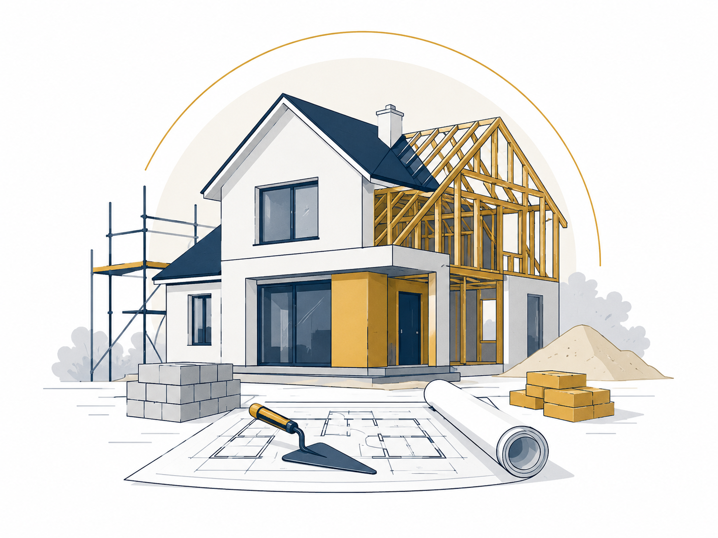 Illustration d’une maison en rénovation et construction avec plans, échafaudage et structure bois