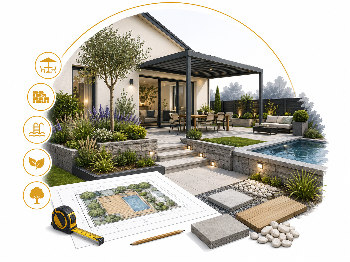 Illustration d’un aménagement extérieur avec terrasse, jardin paysager, piscine et maçonnerie extérieure