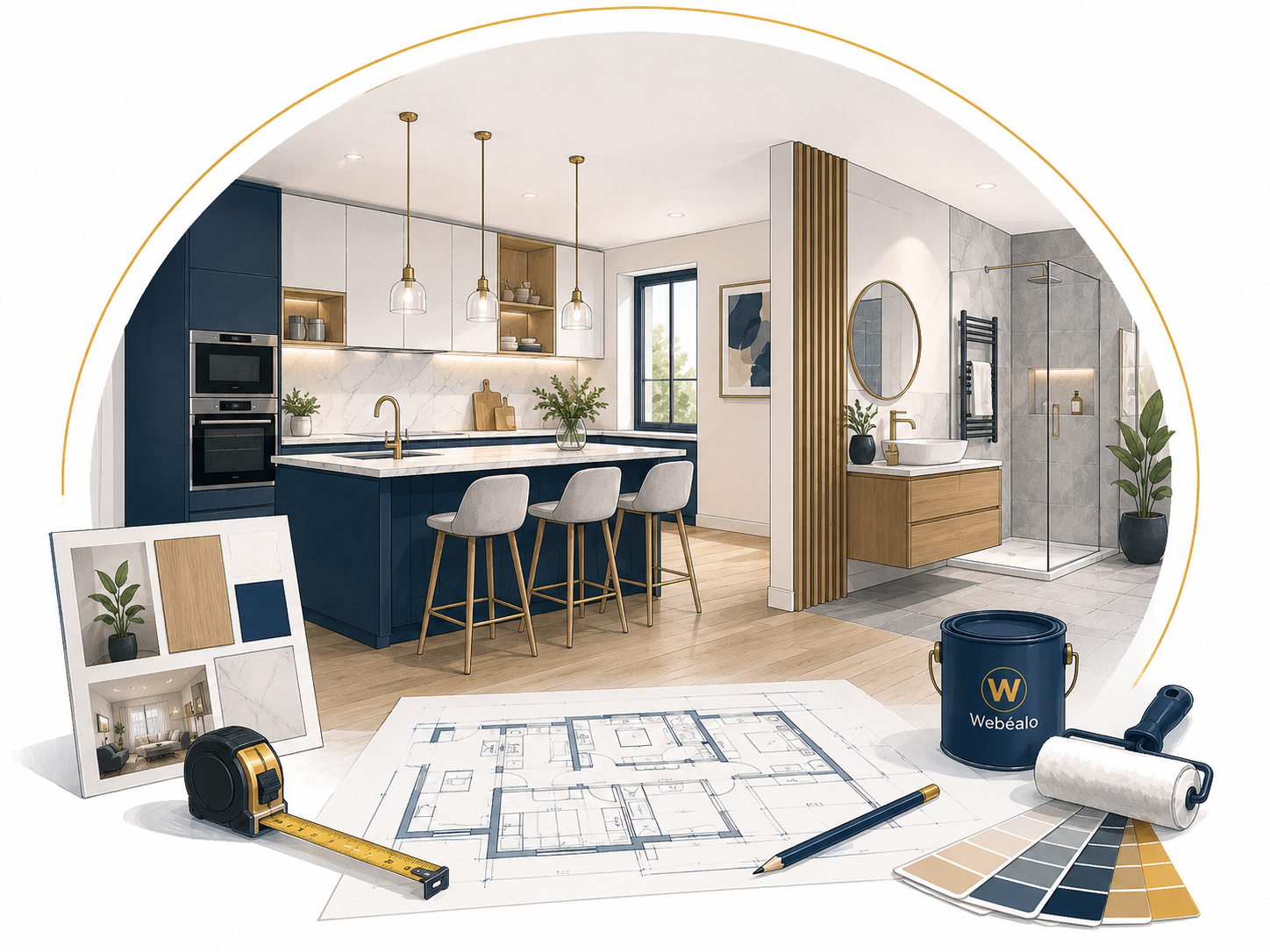 Illustration d’un aménagement intérieur avec cuisine, salle de bains, plans et matériaux de rénovation