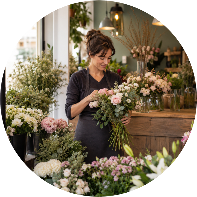 Fleuriste préparant un bouquet dans sa boutique de fleurs