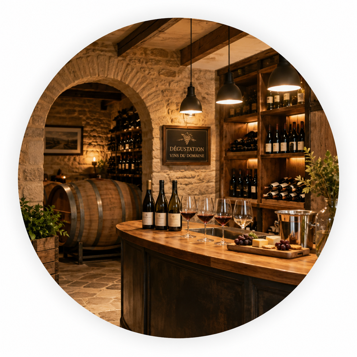 Caveau de dégustation dans un domaine viticole avec bouteilles de vin, verres et fûts en bois.