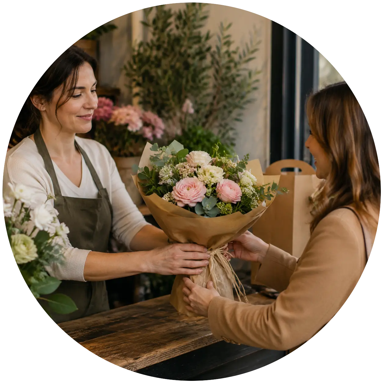 Fleuriste remettant un bouquet commandé à une cliente