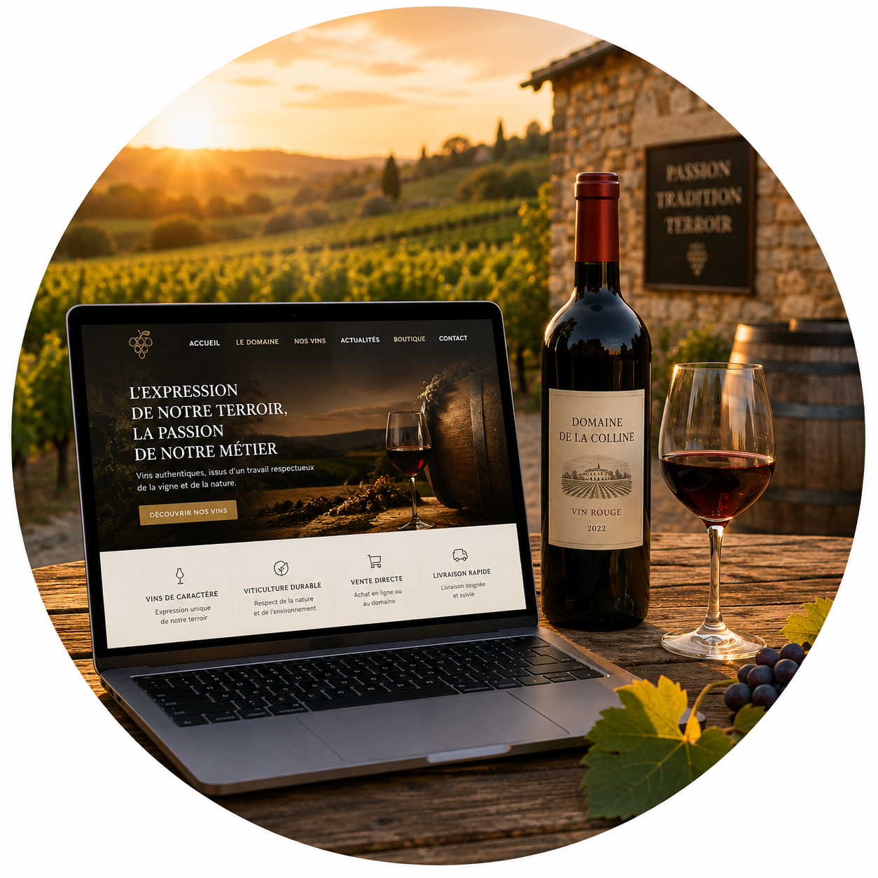 Présence digitale d’une structure viticole avec site web, bouteille de vin et vignoble en arrière-plan.