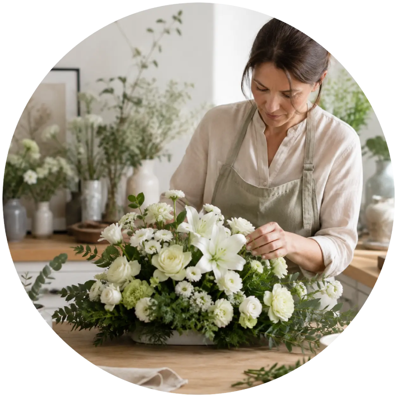 Fleuriste préparant une composition florale pour un hommage