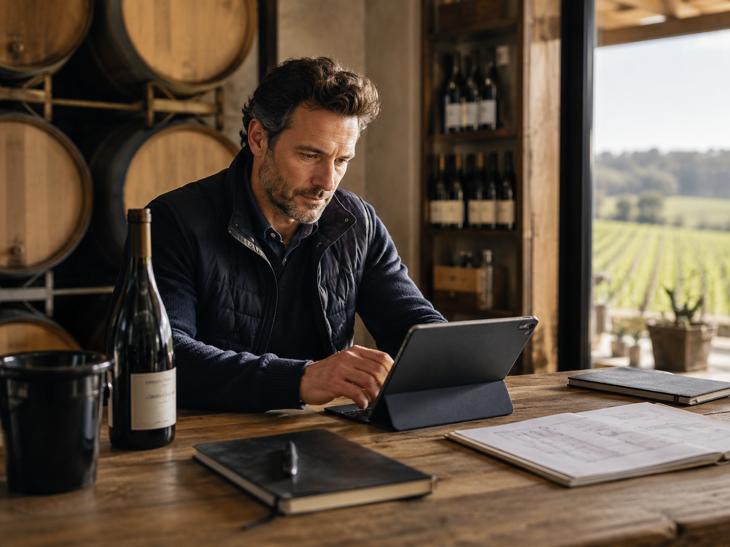 Vigneron travaillant sur une tablette dans un domaine viticole, avec des fûts et des vignes en arrière-plan.