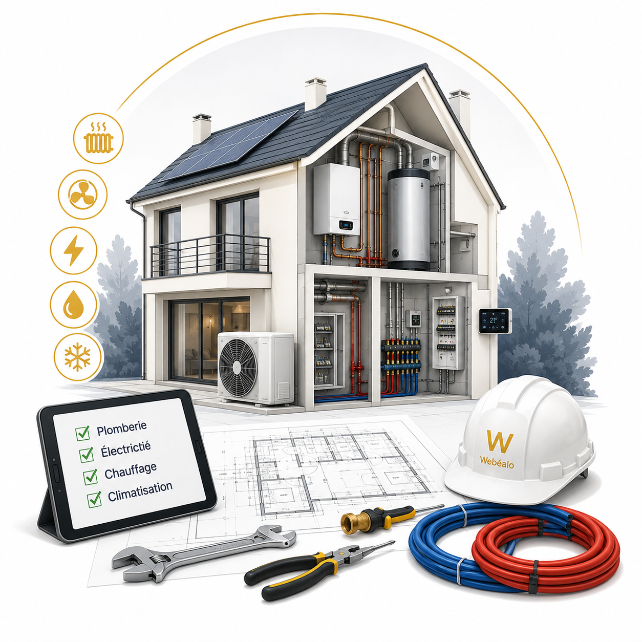 Illustration des installations techniques d’une maison avec chauffage, ventilation, électricité et plomberie
