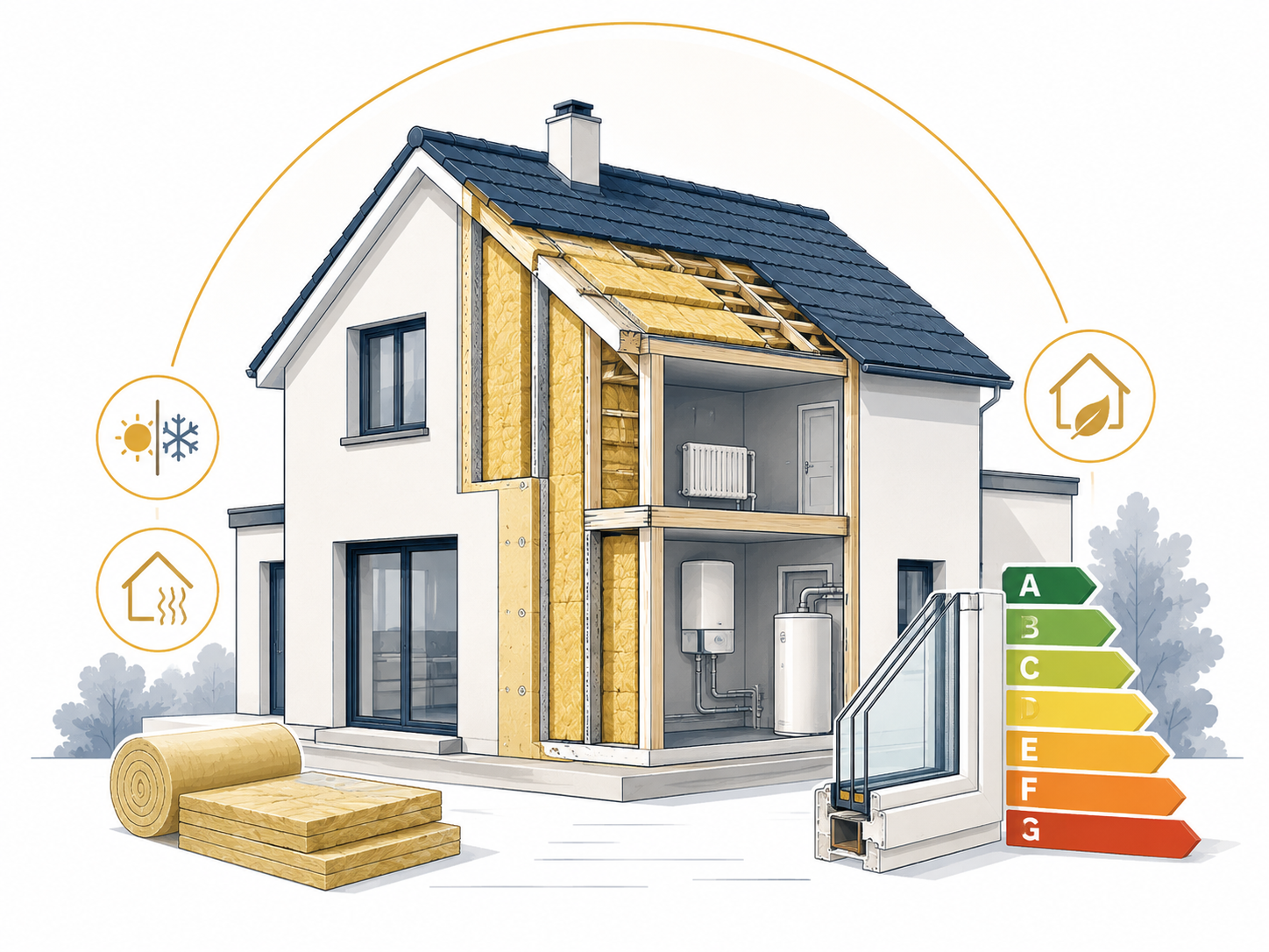 Illustration d’une maison avec isolation thermique, équipements énergétiques et classement de performance