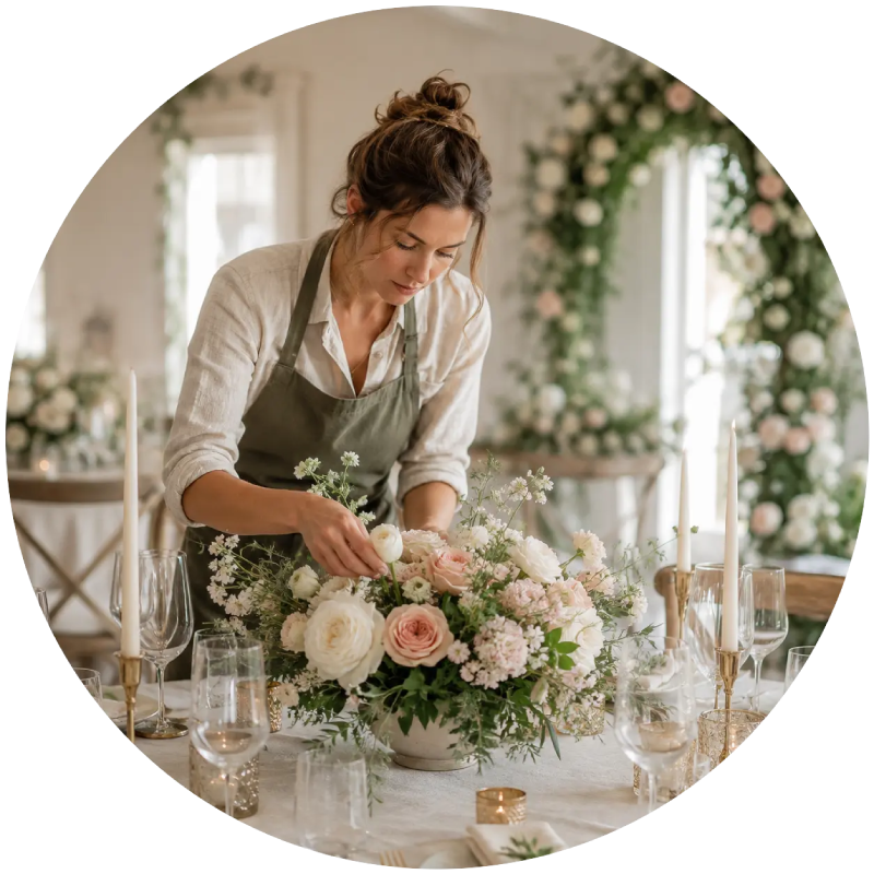 Fleuriste préparant une décoration florale pour un mariage