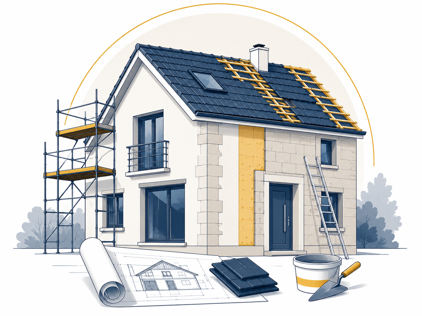Illustration d’une maison en travaux de toiture et de rénovation de façade avec échafaudage et matériaux