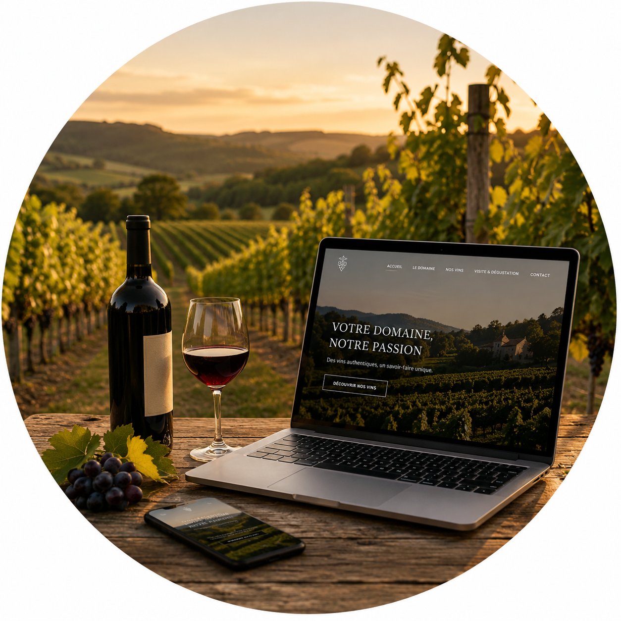 Vente directe de vins au domaine avec présence digitale sur ordinateur et smartphone.