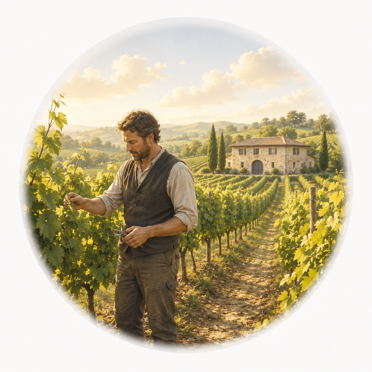 Vigneron indépendant travaillant dans les vignes au sein de son domaine viticole.